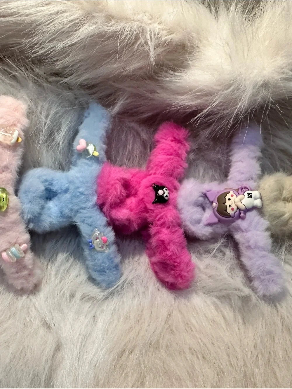 Set of 5‎ Fuzzy Cartoon Hair Clips - Pink, Lilac, Peach, Beige, Blue